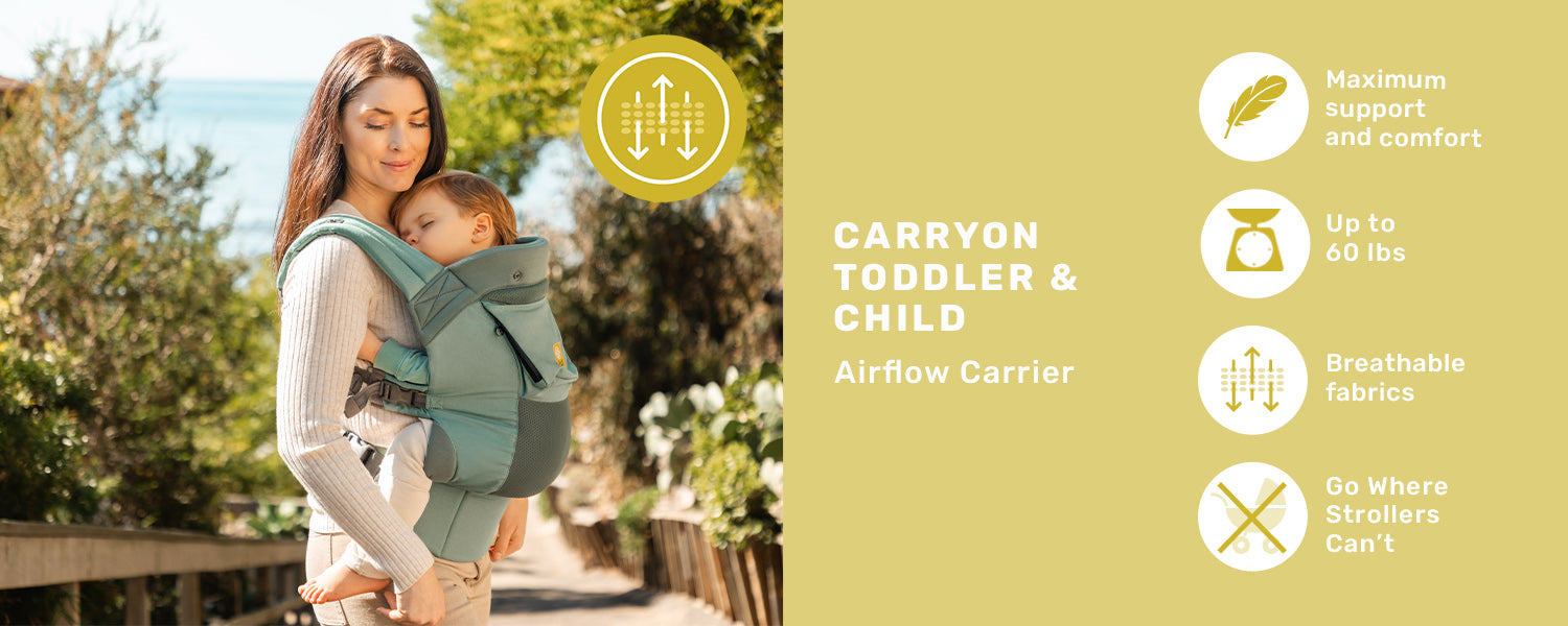 carryon toddler and child airflow carrier. maximum support and comfort. up to 60 pounds. breathable fabrics. go where strollers can't