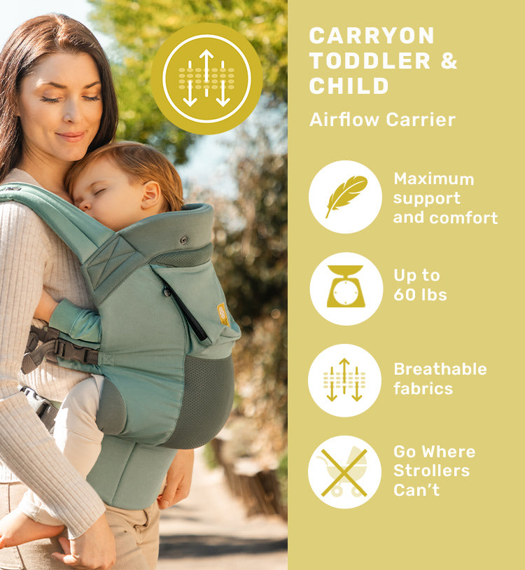 carryon toddler and child airflow carrier. maximum support and comfort. up to 60 pounds. breathable fabrics. go where strollers can't