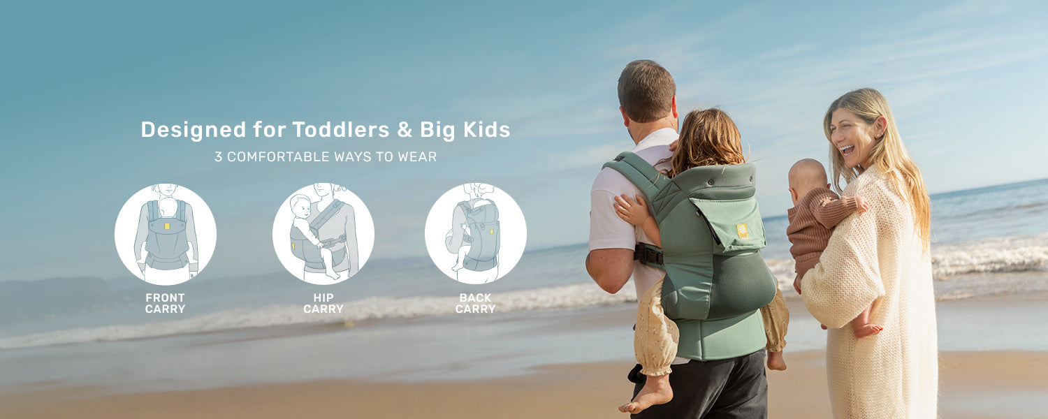 designed for toddlers & big kids. 3 comfortable ways to wear. front carry, hip carry, back carry.