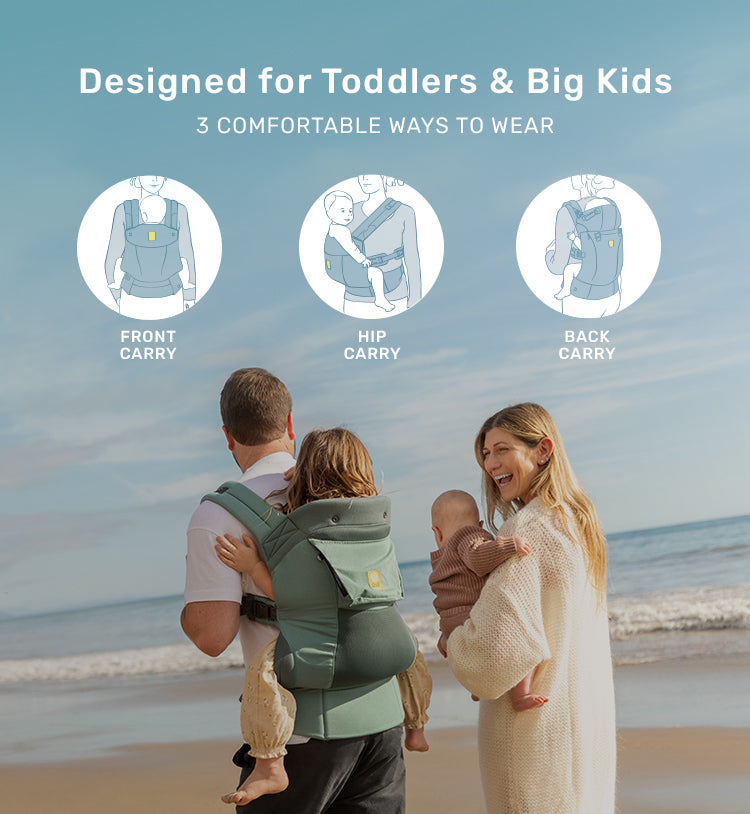 designed for toddlers & big kids. 3 comfortable ways to wear. front carry, hip carry, back carry.