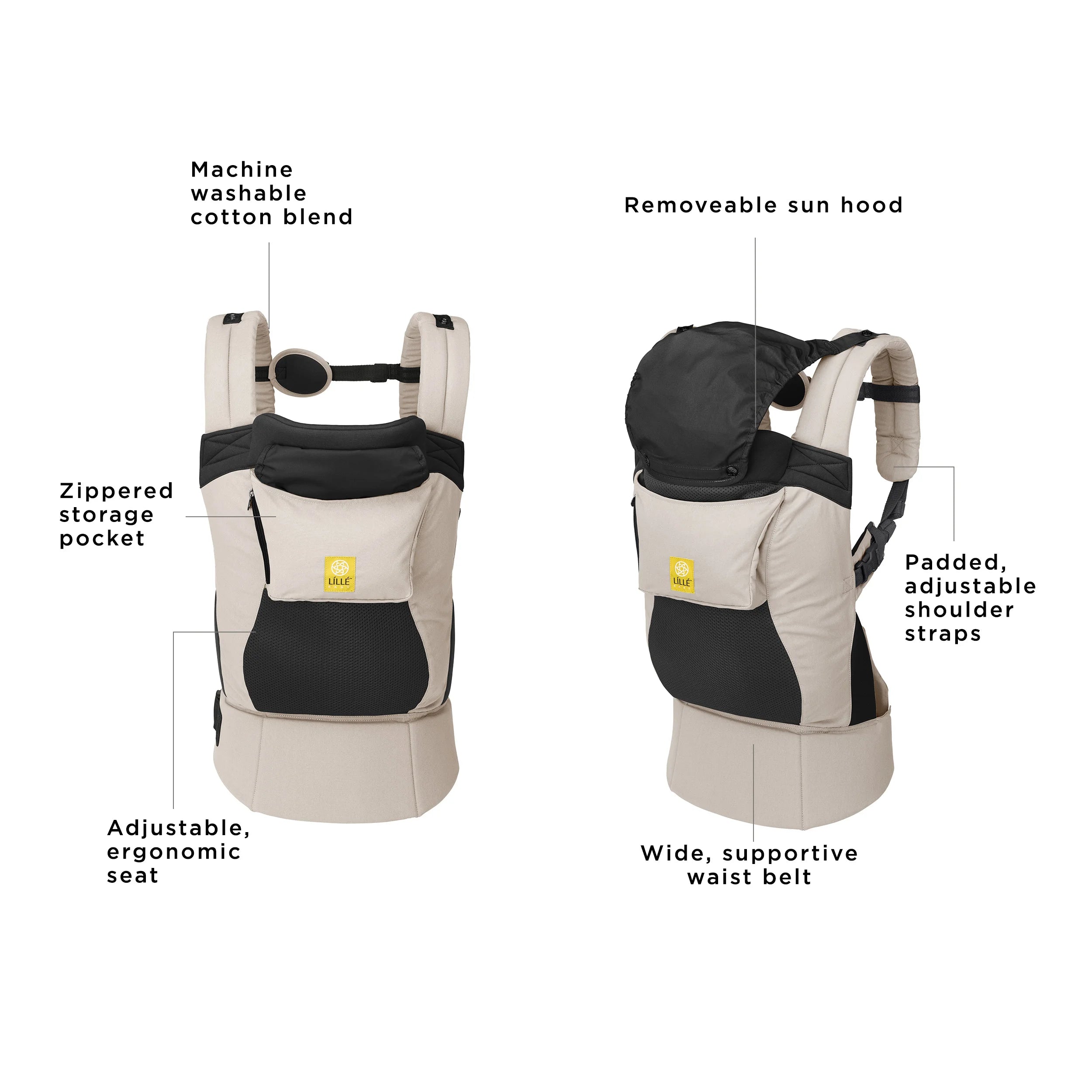 the carryon airflow dlx is a machine washable cotton blend, has a zippered storage pocket, adjustable ergonomic seat, removeable sun hood, padded adjustable shoulder straps, and wide supportive waist belt