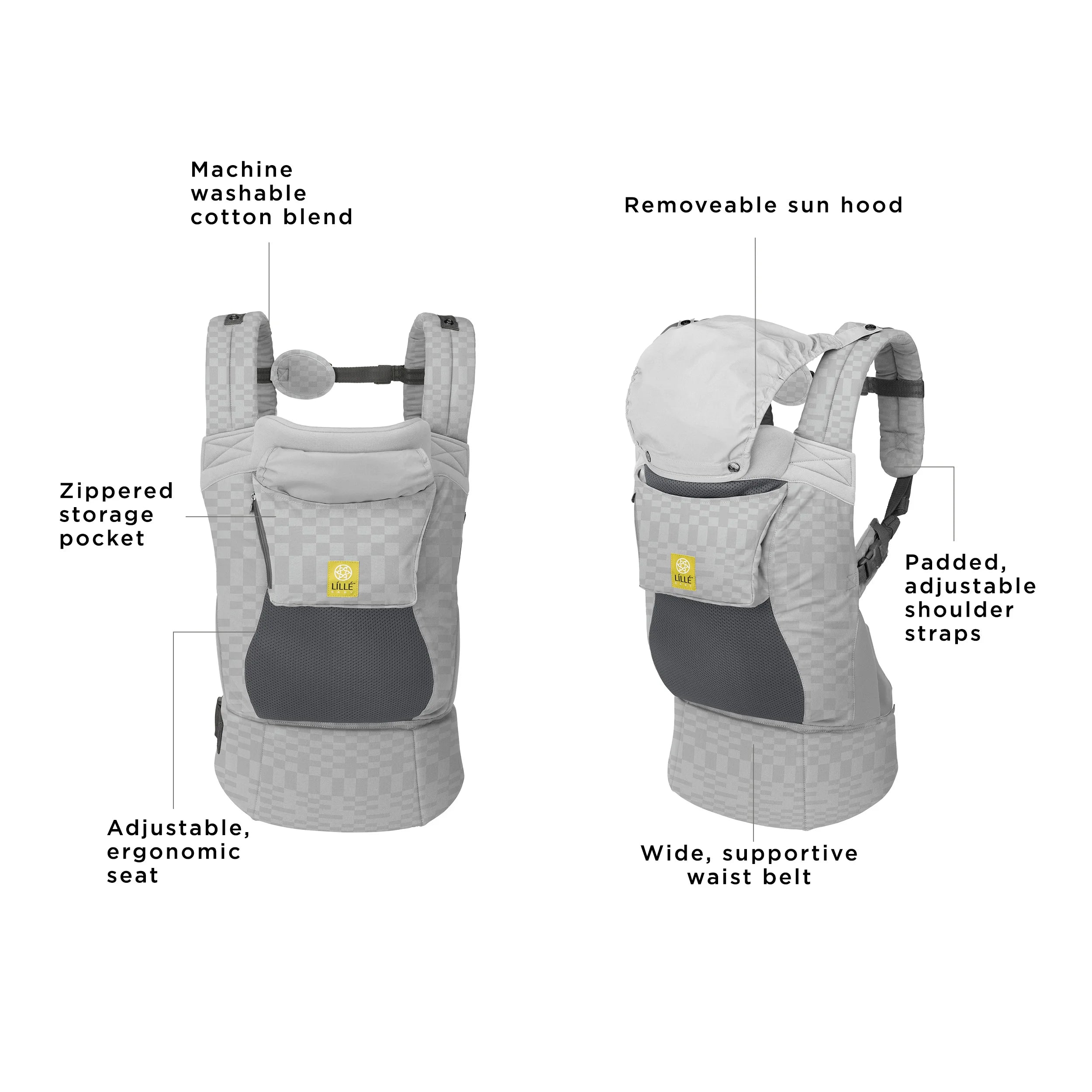 the carryon airflow dlx is a machine washable cotton blend, has a zippered storage pocket, adjustable ergonomic seat, removeable sun hood, padded adjustable shoulder straps, and wide supportive waist belt