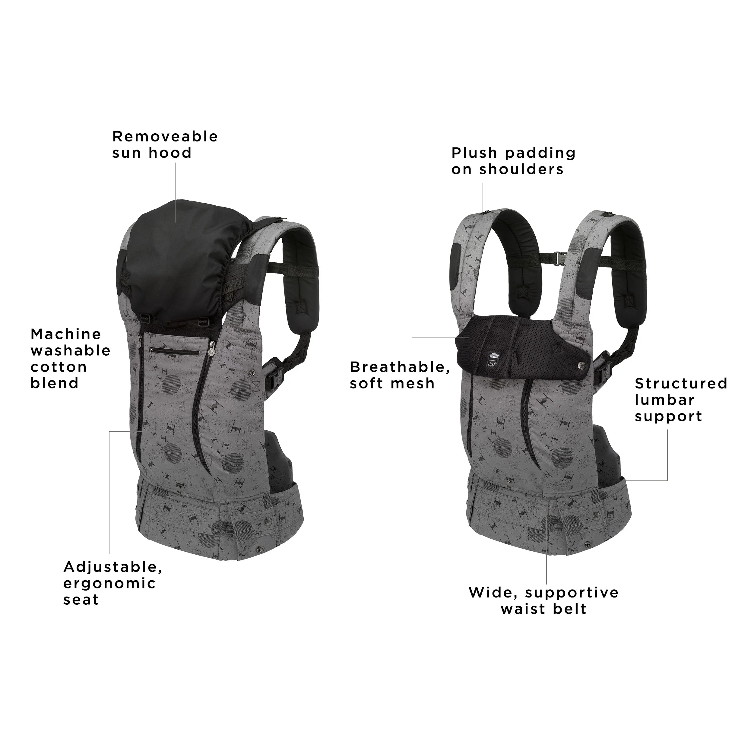 complete all seasons has a removeable sun hood, machine washable cotton blend, adjustable ergonomic seat, plush padding on shoulders, breathable soft mesh, structured lumbar support, wide supportive waist belt