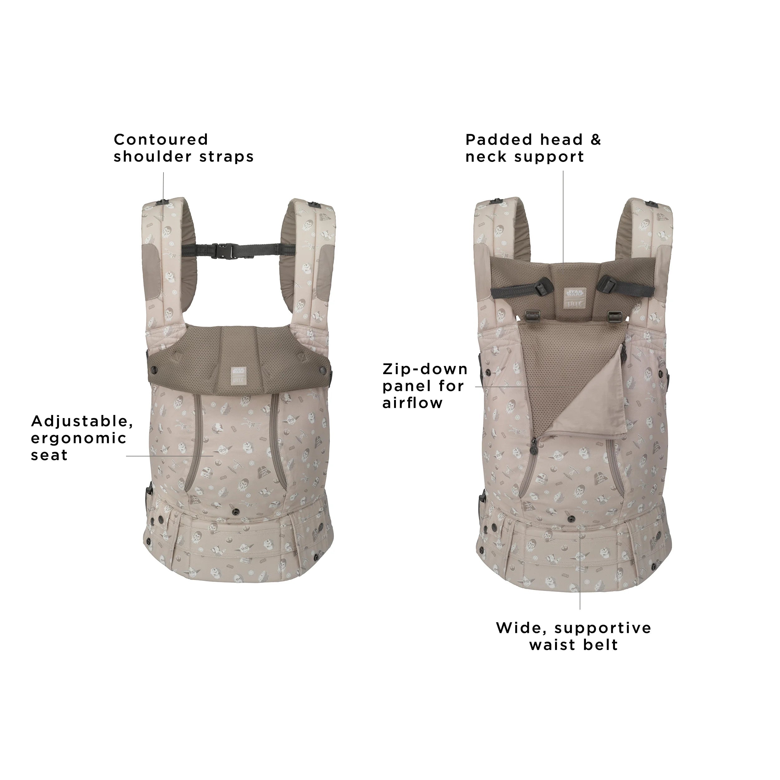 complete 6-in-1 all seasons has contoured shoulder straps, adjustable ergonomic seat, padded head & neck support, zip-down panel for airflow, and wide supportive waist belr