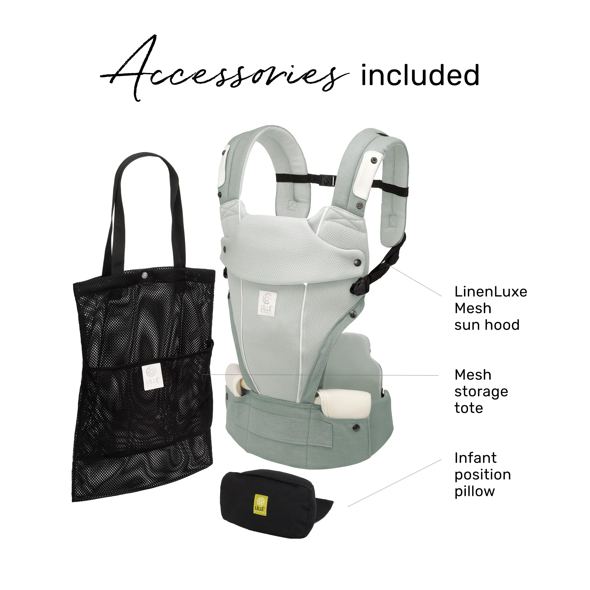 elevate air carrier. accessories included. linenluxe mesh sun hood, mesh storage tote, infant position pillow