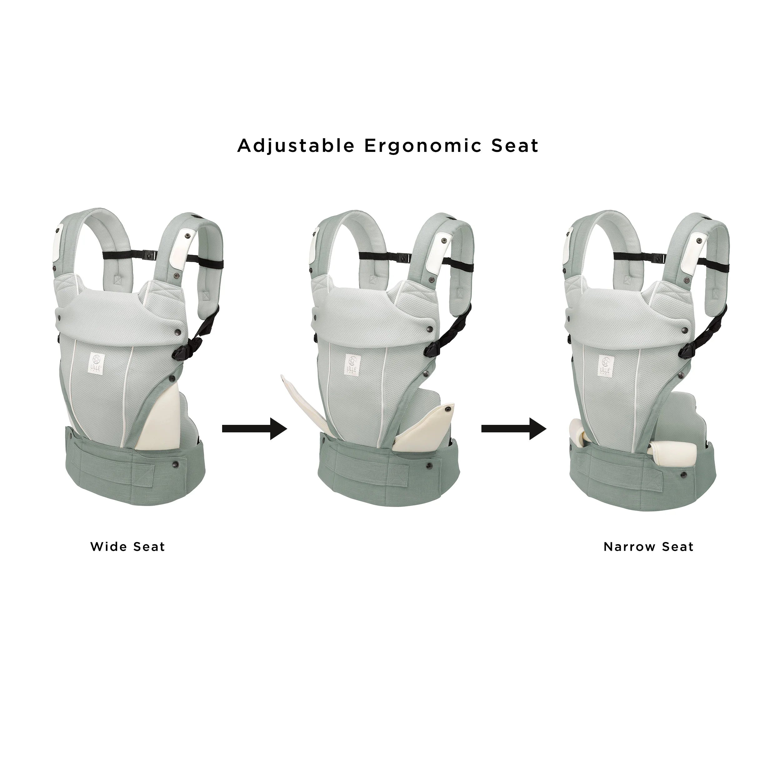 elevate air carrier. adjustable ergonomic seat. showing wide seat to narrow seat