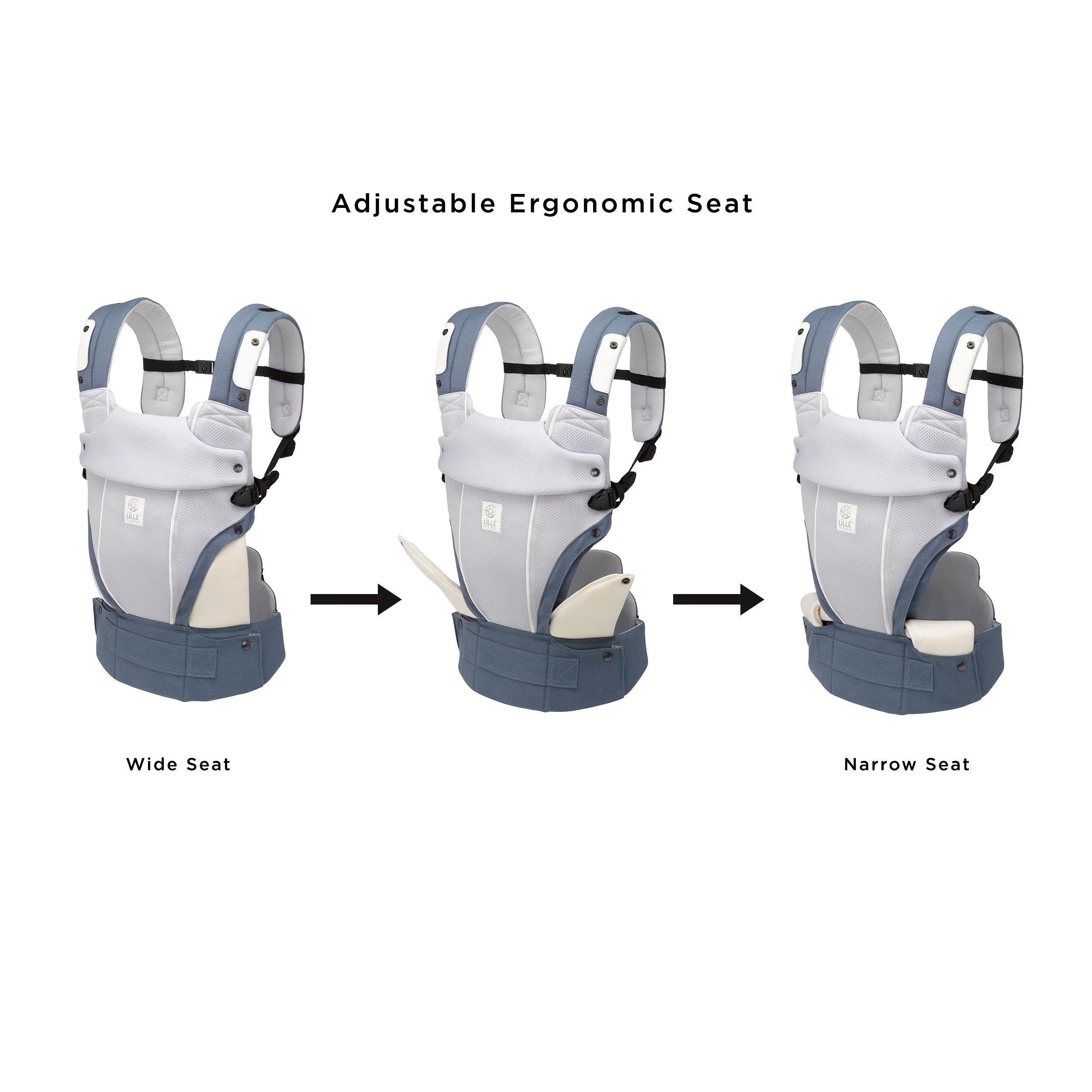 elevate air carrier. adjustable ergonomic seat. showing wide seat to narrow seat