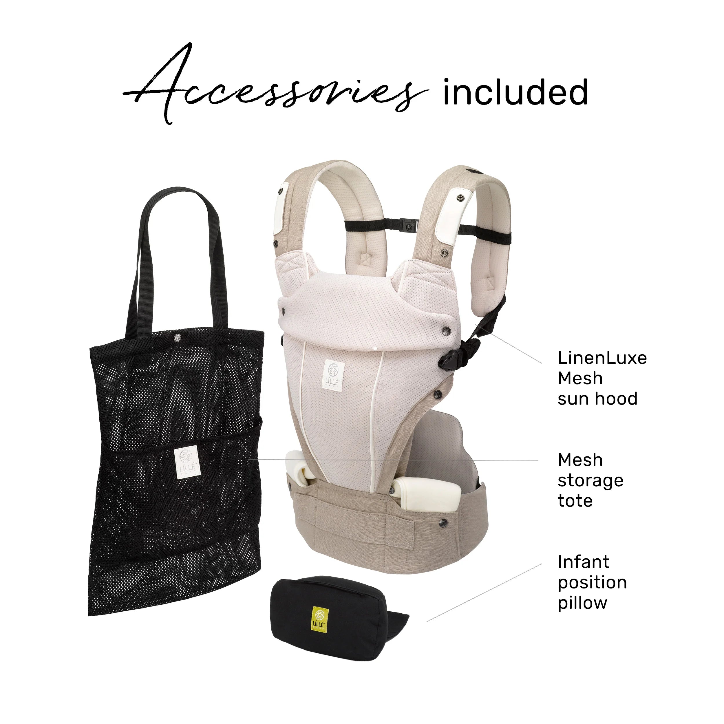 elevate air carrier. accessories included. linenluxe mesh sun hood, mesh storage tote, infant position pillow