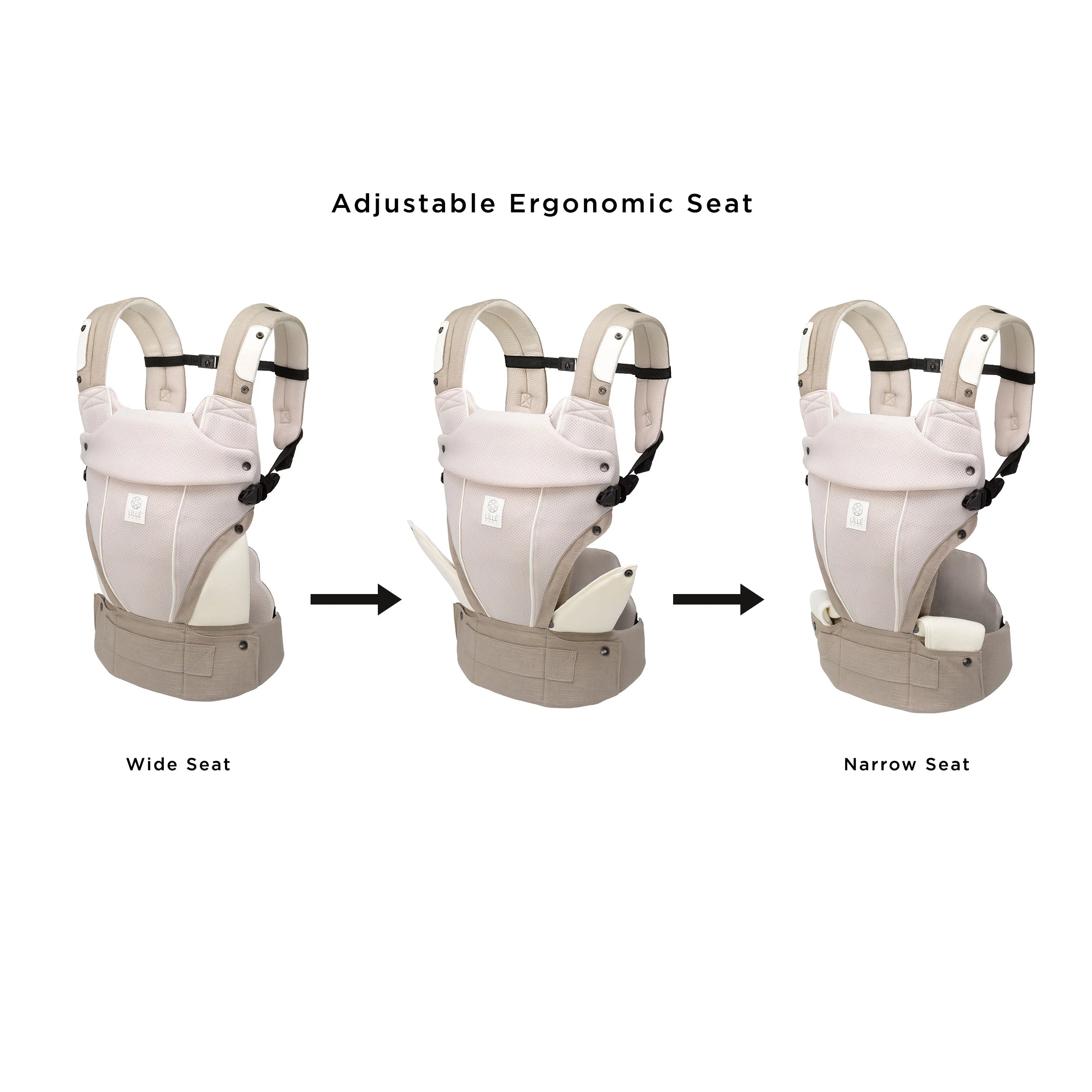 elevate air carrier. adjustable ergonomic seat. showing wide seat to narrow seat