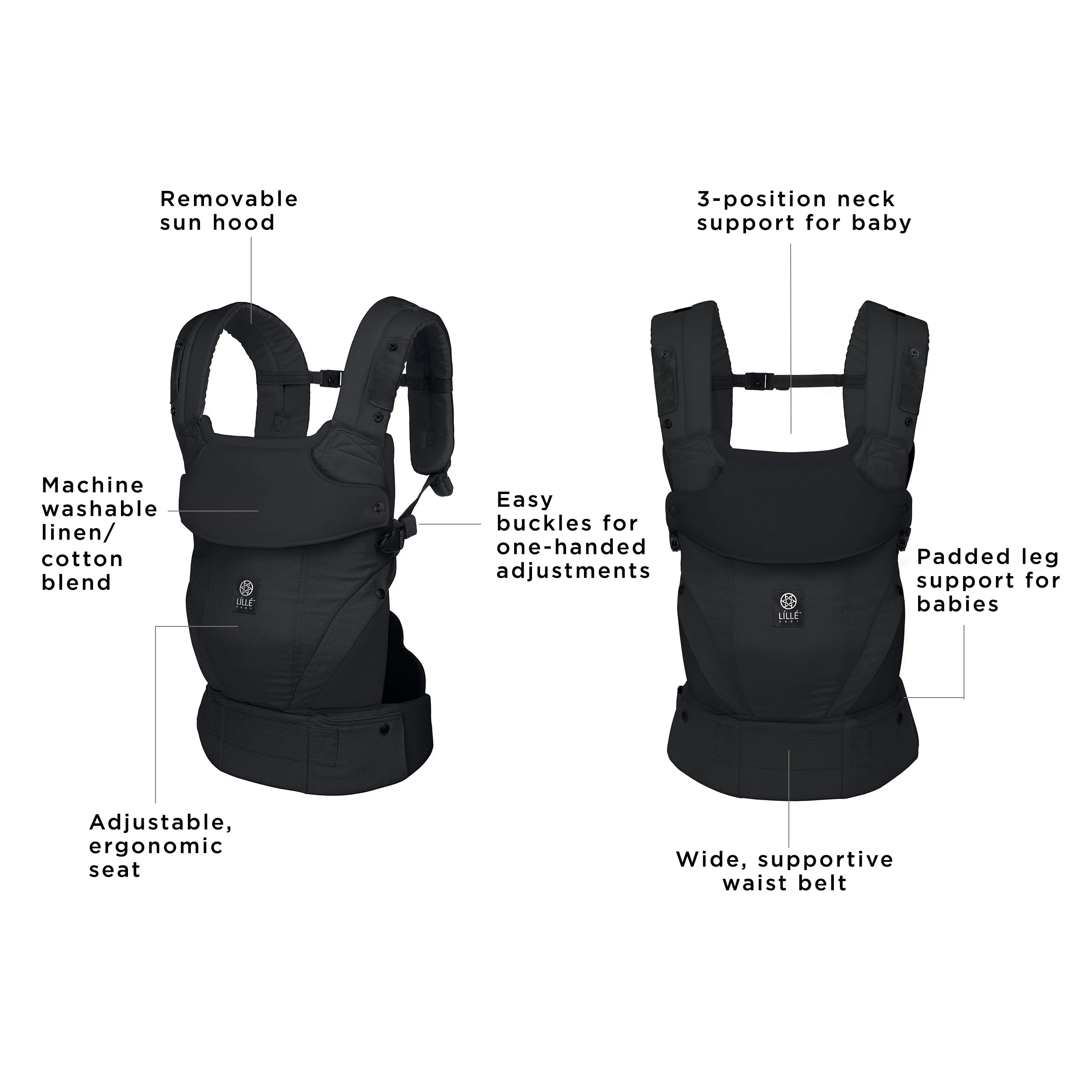 elevate carrier has a removable sun hood, machine washable/linen cotton blend, adjustable, ergonomic seat, easy buckles for one-handed adjustments, 3 position neck support for baby, padded leg support for babies, wide supportive waist belt