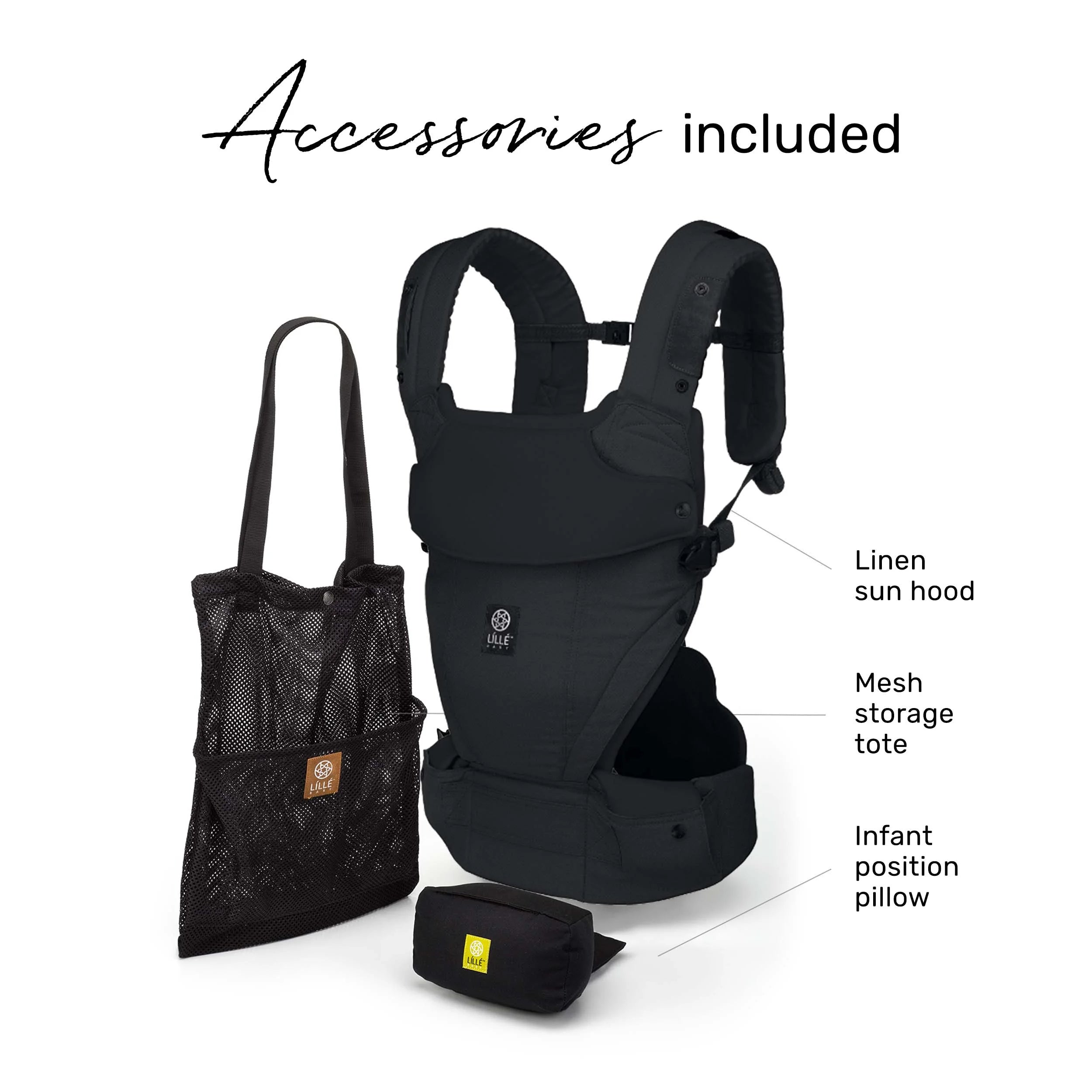 Elevate accessories included with purchase of a carrier. Pictured carrier, linen sun hood, mesh storage tote and infant position pillow.