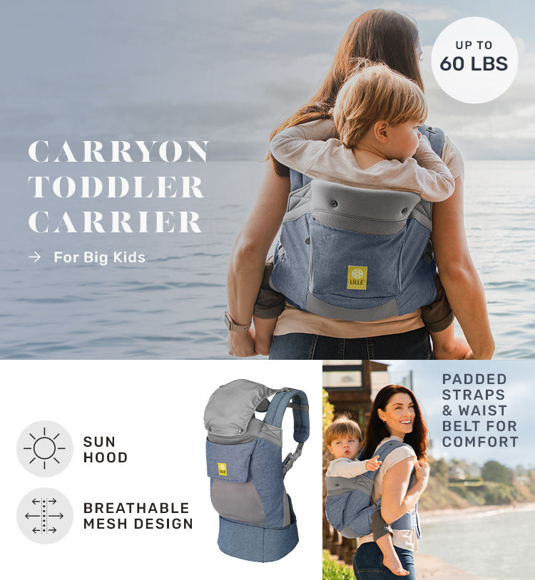 carryon toddler carrier for big kids. up to 60 pounds. sun hood and breathable mesh design. padded straps and waist belt for comfort