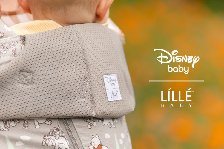 carrier shown is grey all seasons carrier featuring winnie the pooh print by disney baby & lillebaby