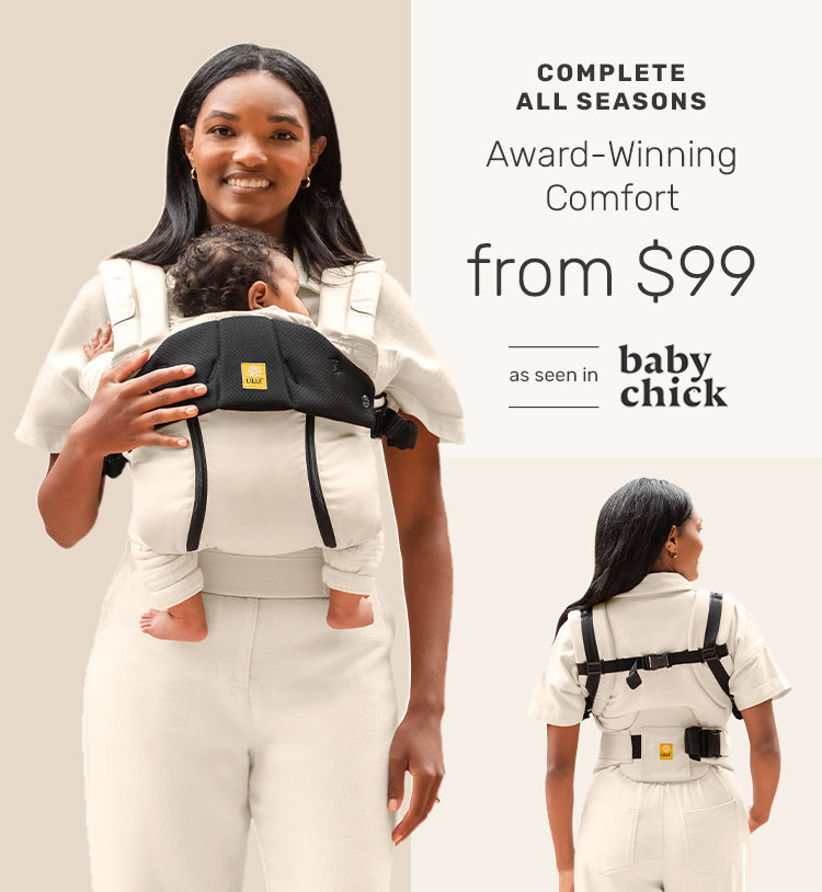 as seen in baby chick. complete all seasons award-winning comfort from $99. mom wearing baby in complete all seasons in moonbeam