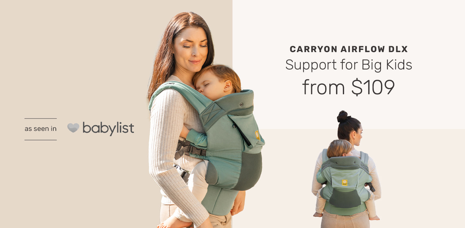 Featured on Babylist: CarryOn Airflow DLX supports big kids from $109. Mom wearing it with baby.