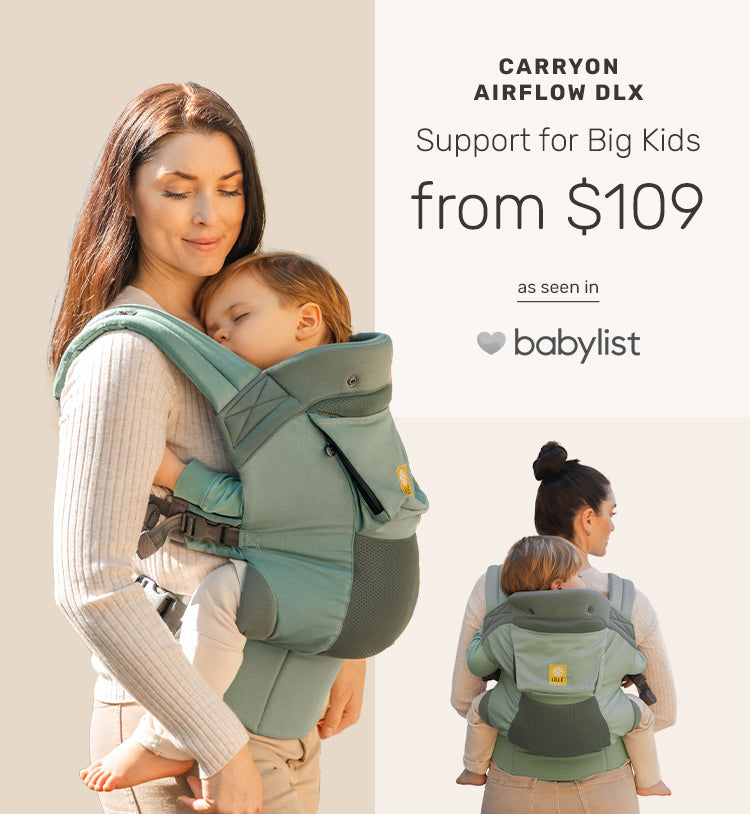 Featured on Babylist: CarryOn Airflow DLX supports big kids from $109. Mom wearing it with baby