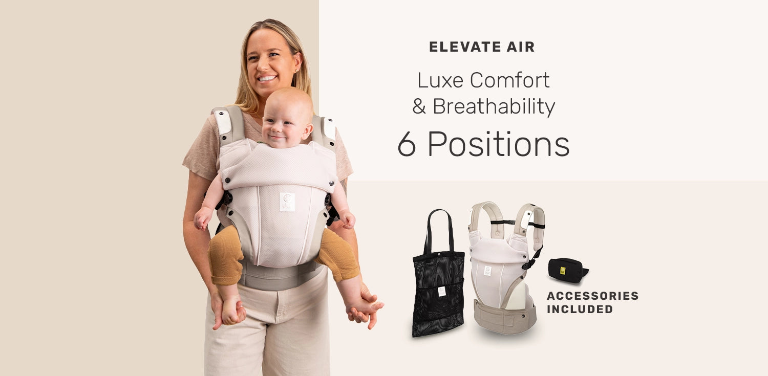 mom wearing baby in elevate air carrier. luxe comfort and breathability. 6 positions with accessories included