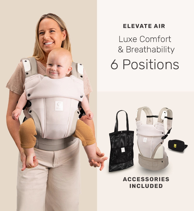 mom wearing baby in elevate air carrier. luxe comfort and breathability. 6 positions with accessories included