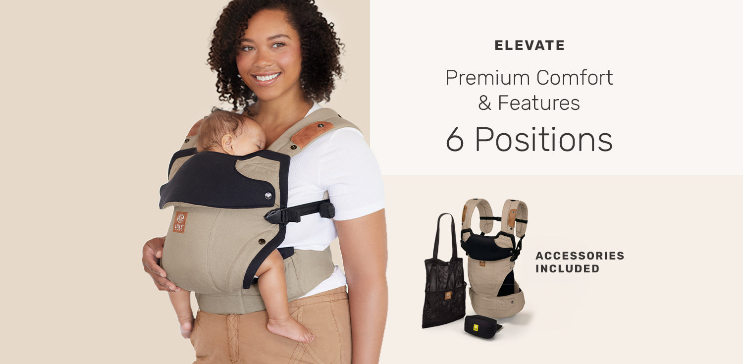 elevate premium comfort & features 6 positions. accessories included. mom wearing baby in elevate carrier in warm sand