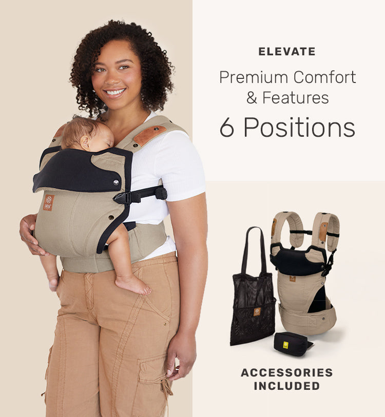 elevate premium comfort & features 6 positions. accessories included. mom wearing baby in elevate carrier in warm sand