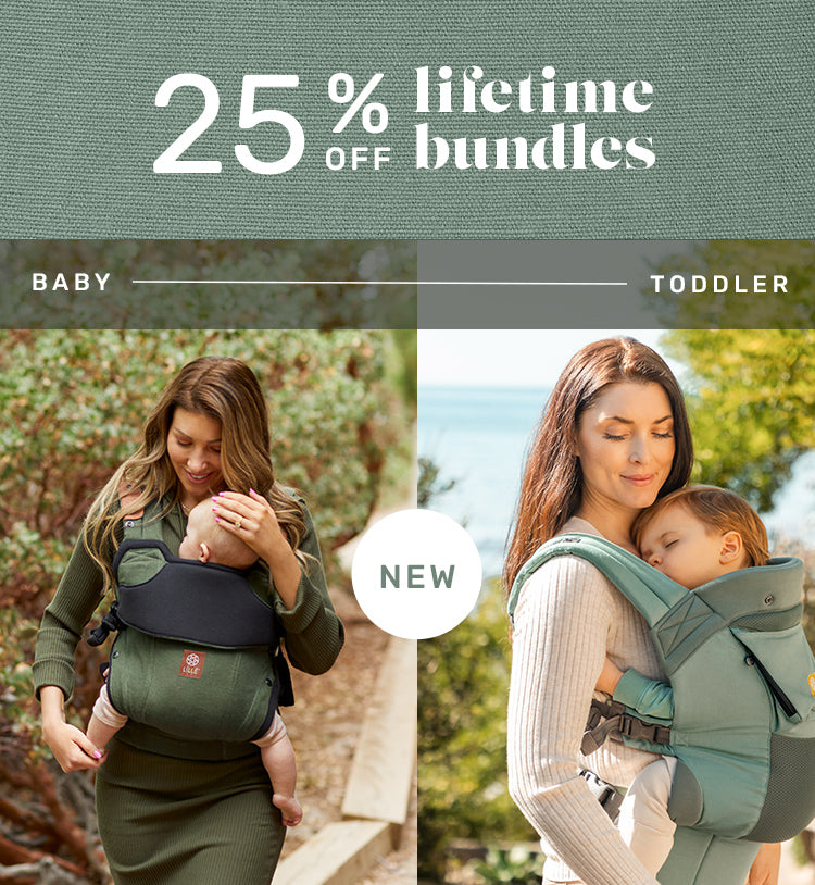 25% off lifetime bundles. baby to toddler. mom wearing baby in elevate carrier in olive. mom carrying toddler in carryon aitflow dlx in willow