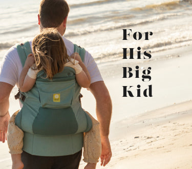 Dad shown wearing toddler daughter in back carry position using the carryon toddler carrier in willow. text: for his big kid. 
