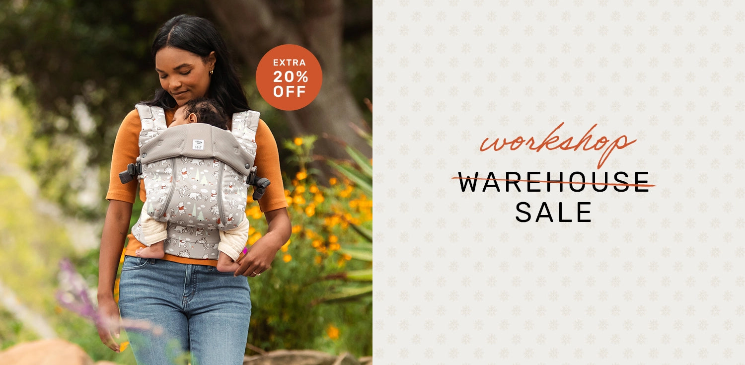 extra 20% off. workshop warehouse sale. mom wearing complete all seasons in pooh's perfect day