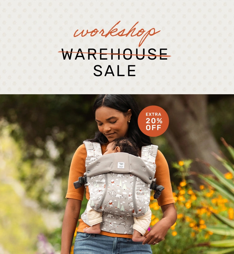 extra 20% off. workshop warehouse sale. mom wearing complete all seasons in pooh's perfect day